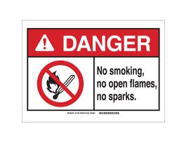 DANGER No Smoking, No Open Flames, No Sparks. Sign, 10" H x 14" W x 0.035" D, Aluminum