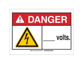 DANGER___ Volts Sign, 7" H x 10" W x 0.035" D, Aluminum, Black/Red/Yellow on White