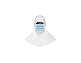 Tyvek® IsoClean®. Hood/Mask. Bound seams and Head Opening. Pleated Polyethylene. 7" Mask. White Hood and Blue Face Mask.